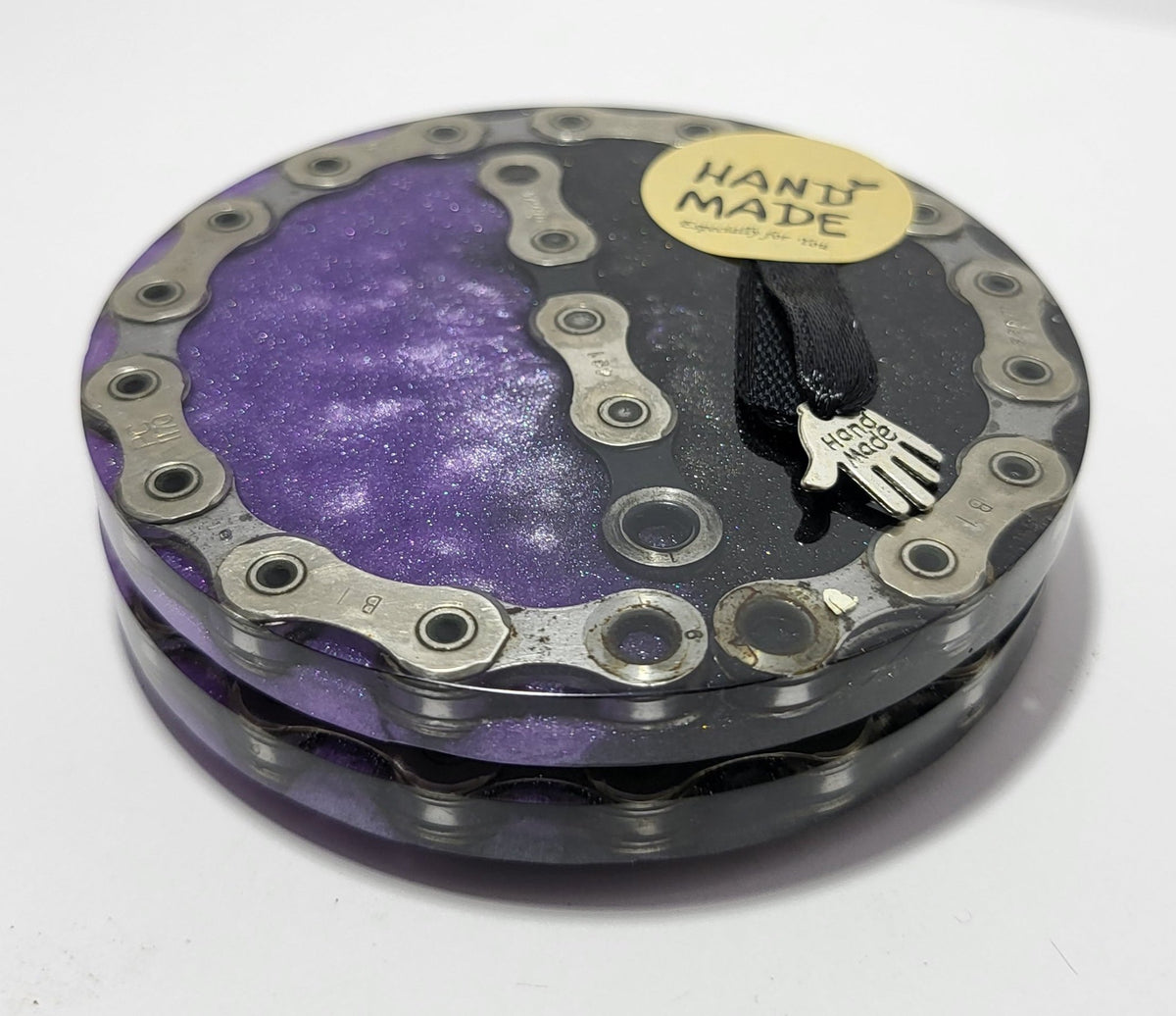 2 Small Round Coaster Set Recycled Bike Chain Purple Black Cycle Gift - The Odd Little Shop