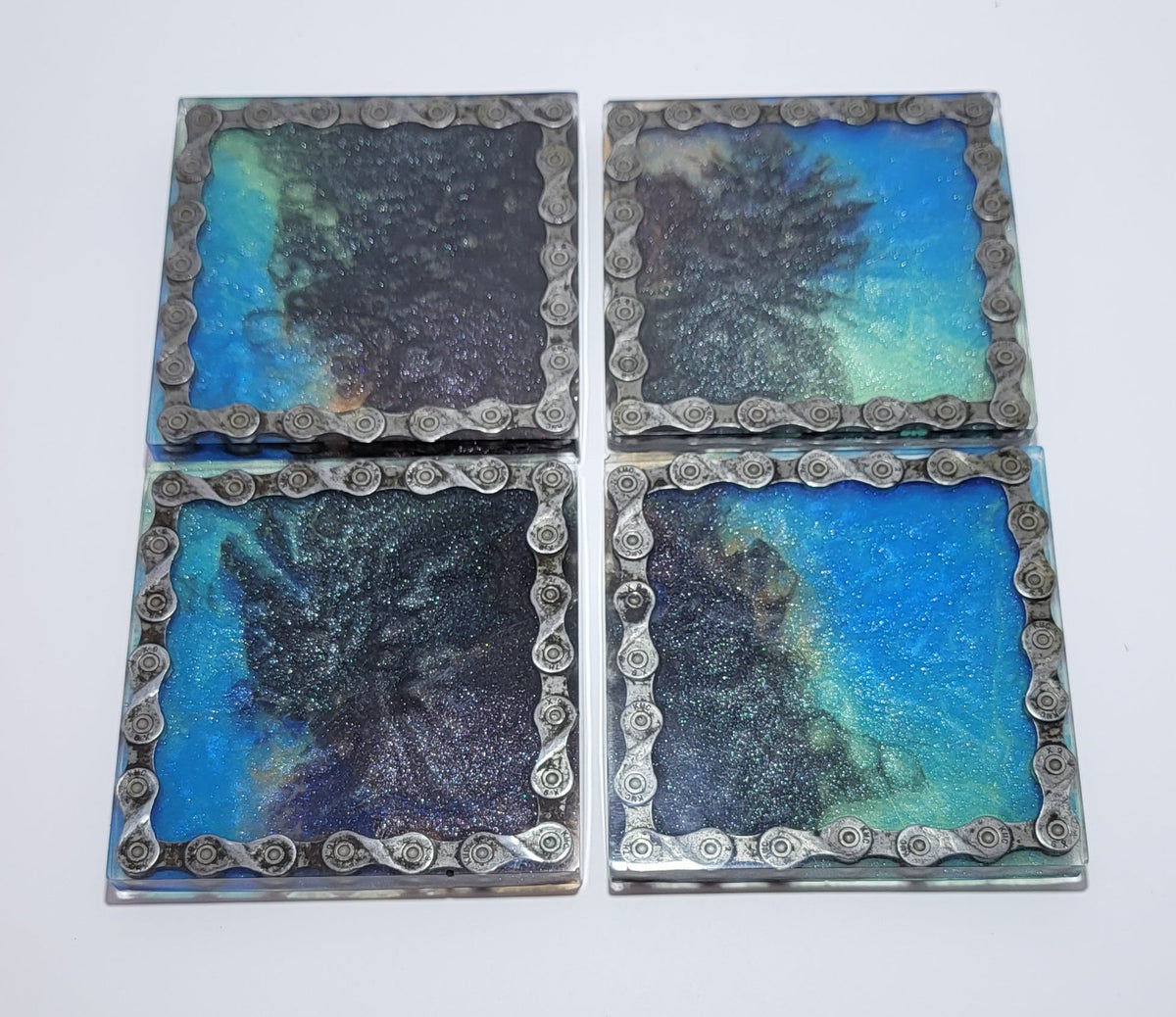 4 Square Coaster Set With Recycled Bike Chain Blue Black Cycle Gift - The Odd Little Shop