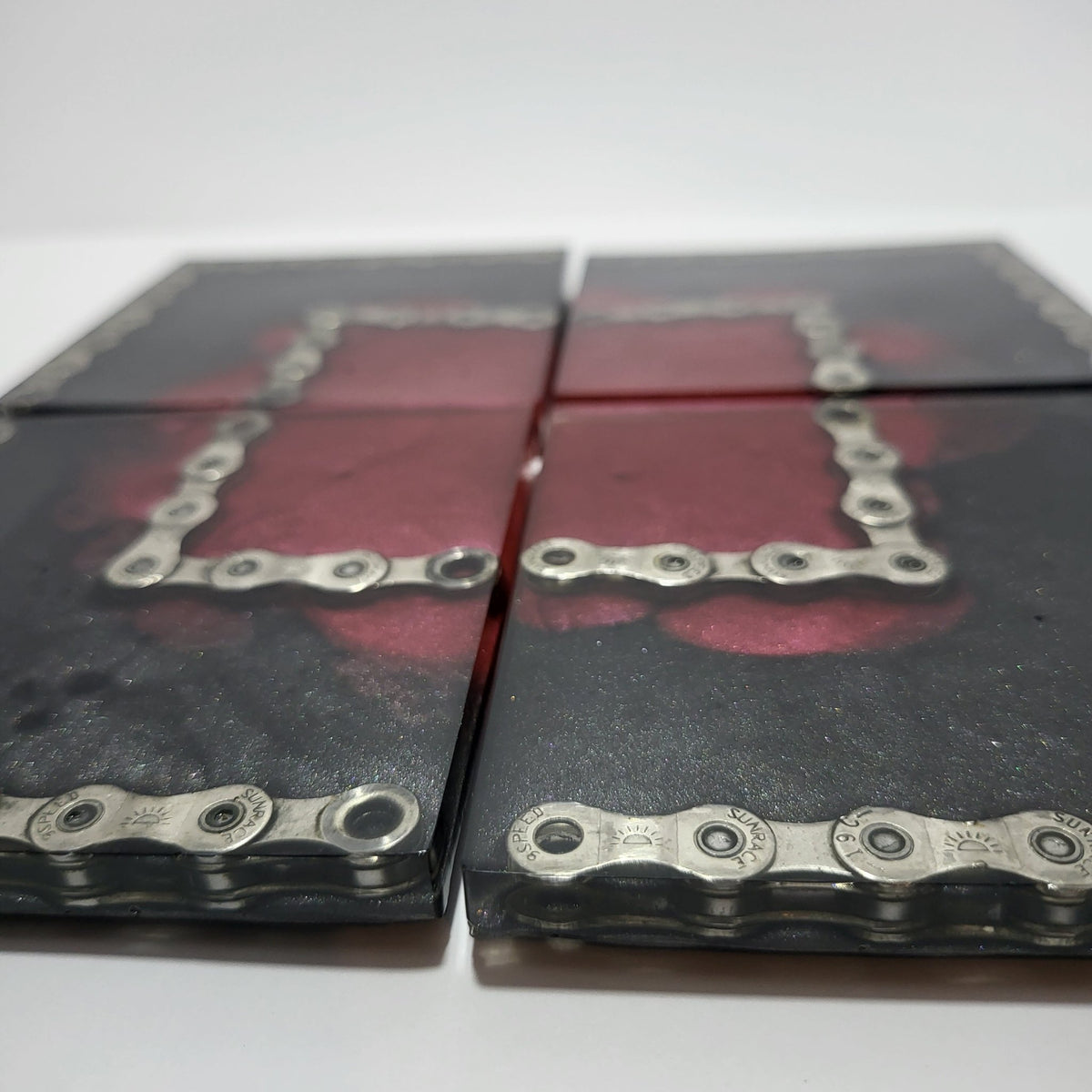 Handmade Coaster Set with Recycled Bike Chain Red Black Cycle Gift - The Odd Little Shop