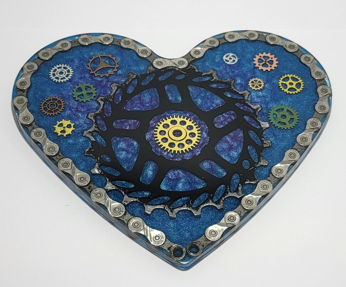 Large Heart Plaque with Recycled Bike Chain &amp; Cassette Chainring Blue Purple Cycle Gift - The Odd Little Shop