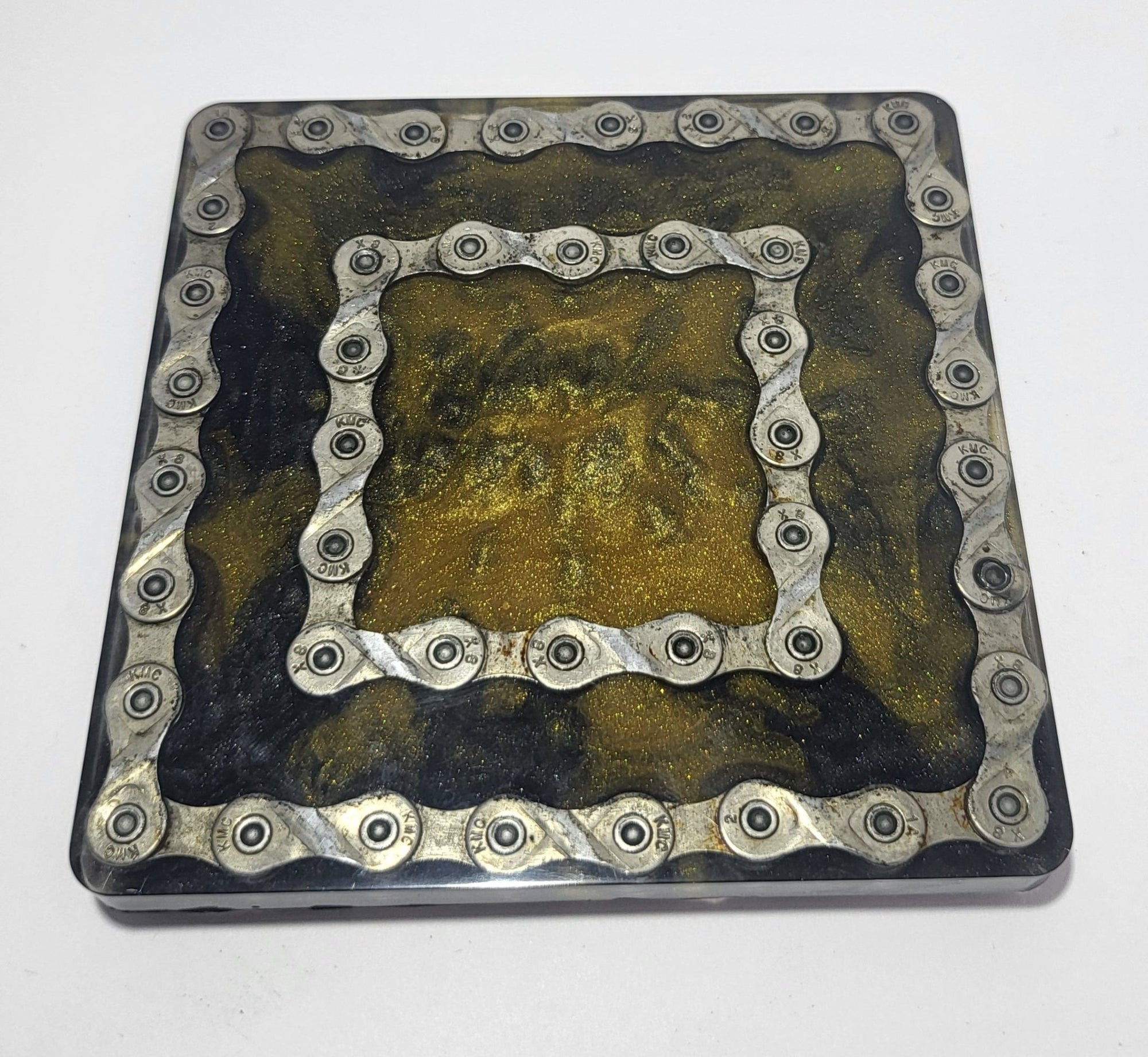 Large Square Coaster with Recycled Bike Chain Black Gold Cycle Gift - The Odd Little Shop