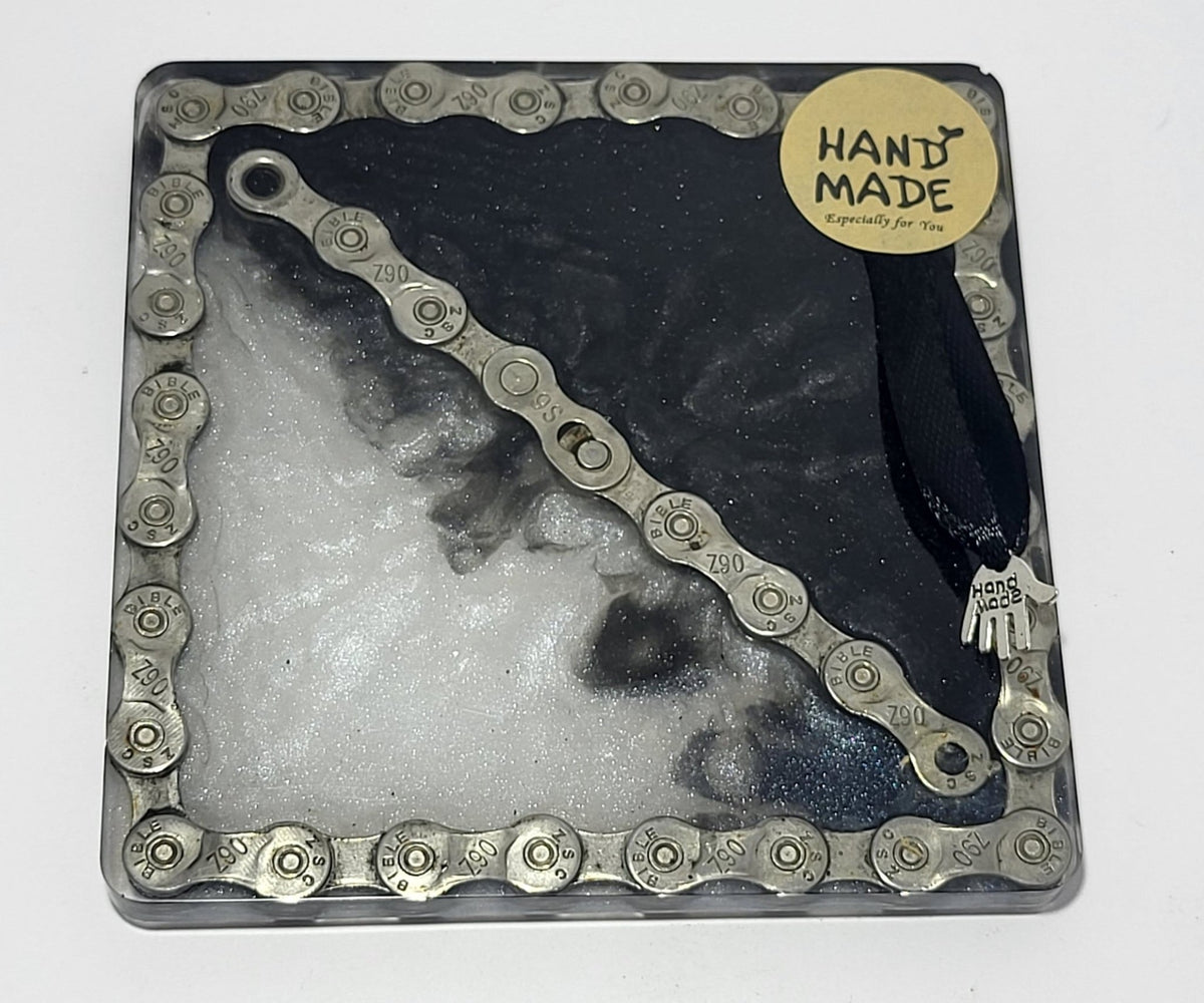 Large Square Coaster with Recycled Bike Chain Black White Cycle Gift - The Odd Little Shop