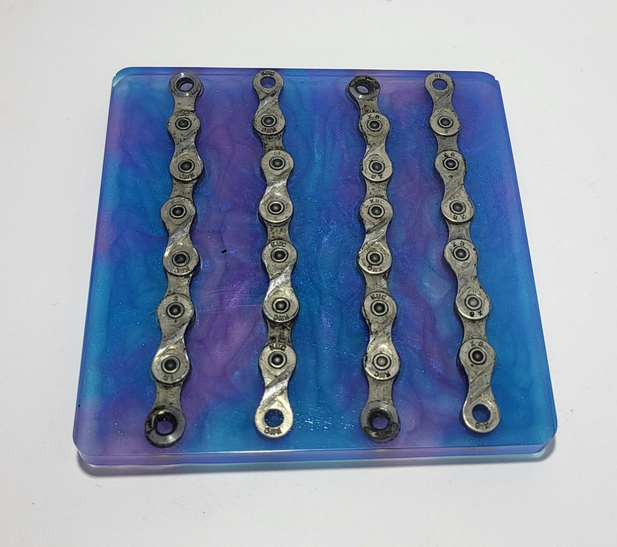 Large Square Coaster with Recycled Bike Chain Blue Purple Cycle Gift - The Odd Little Shop