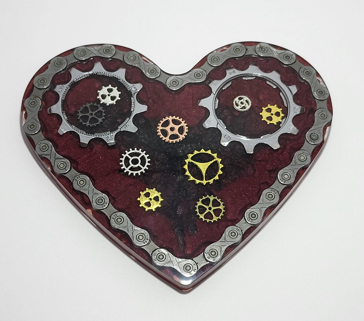 Medium Heart Plaque with Recycled Bike Chain &amp; Cassette Chainrings Cycle Gift - The Odd Little Shop