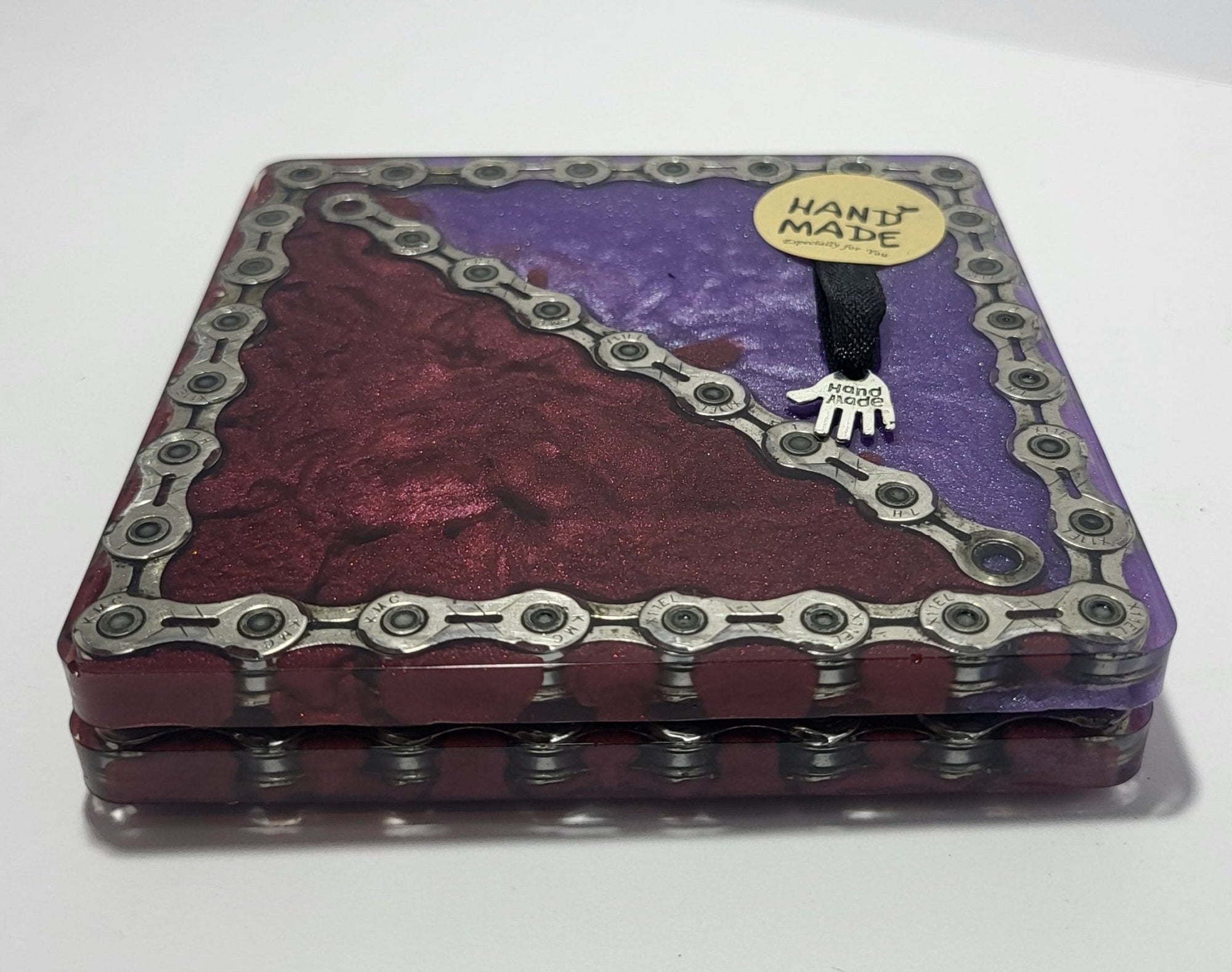 Pair Large Square Coasters With Recycled Bike Chain Purple Red Cycle Gift - The Odd Little Shop