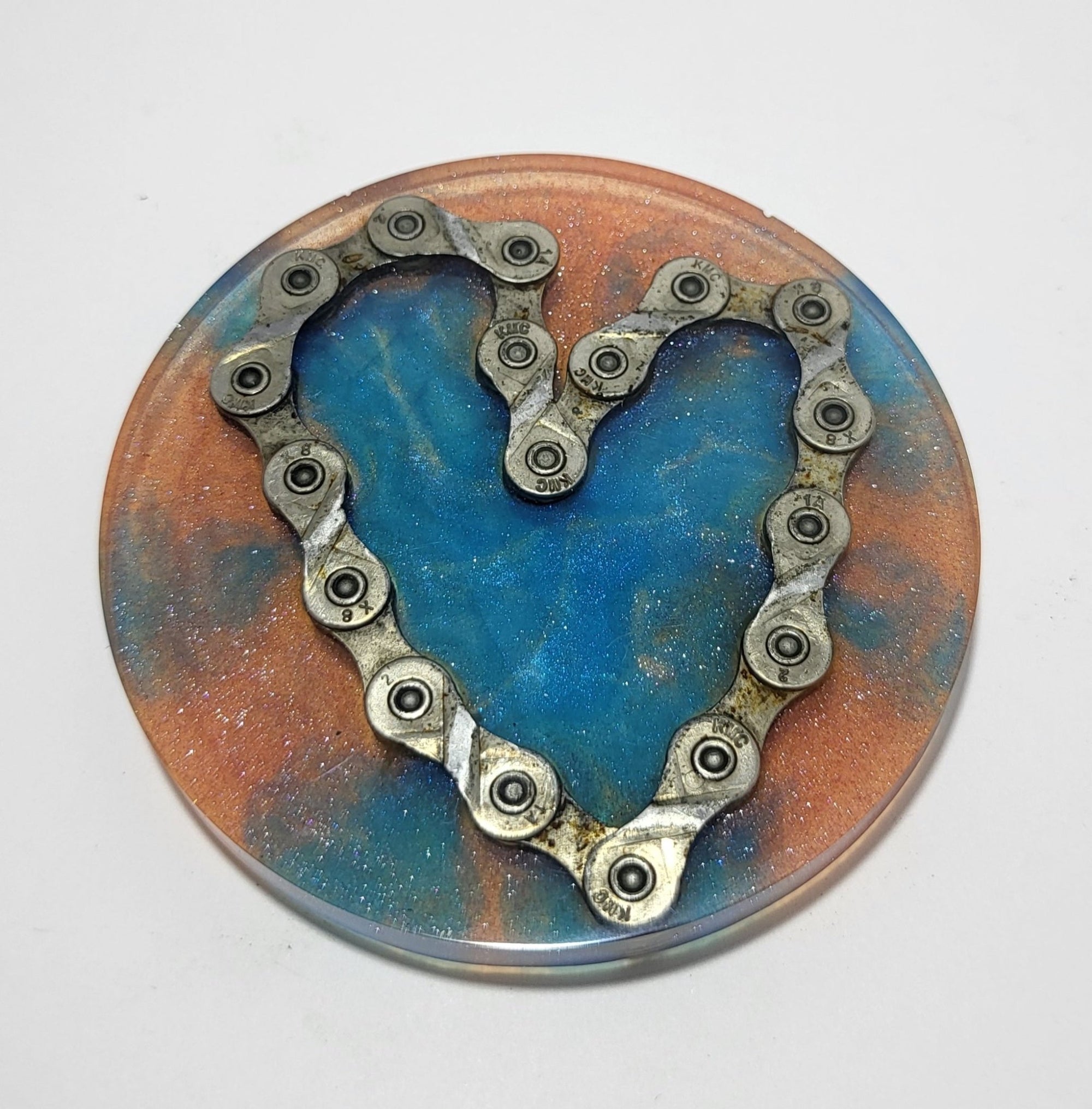 Small Coaster Heart Recycled Bike Chain Blue Pink Cycle Gift - The Odd Little Shop