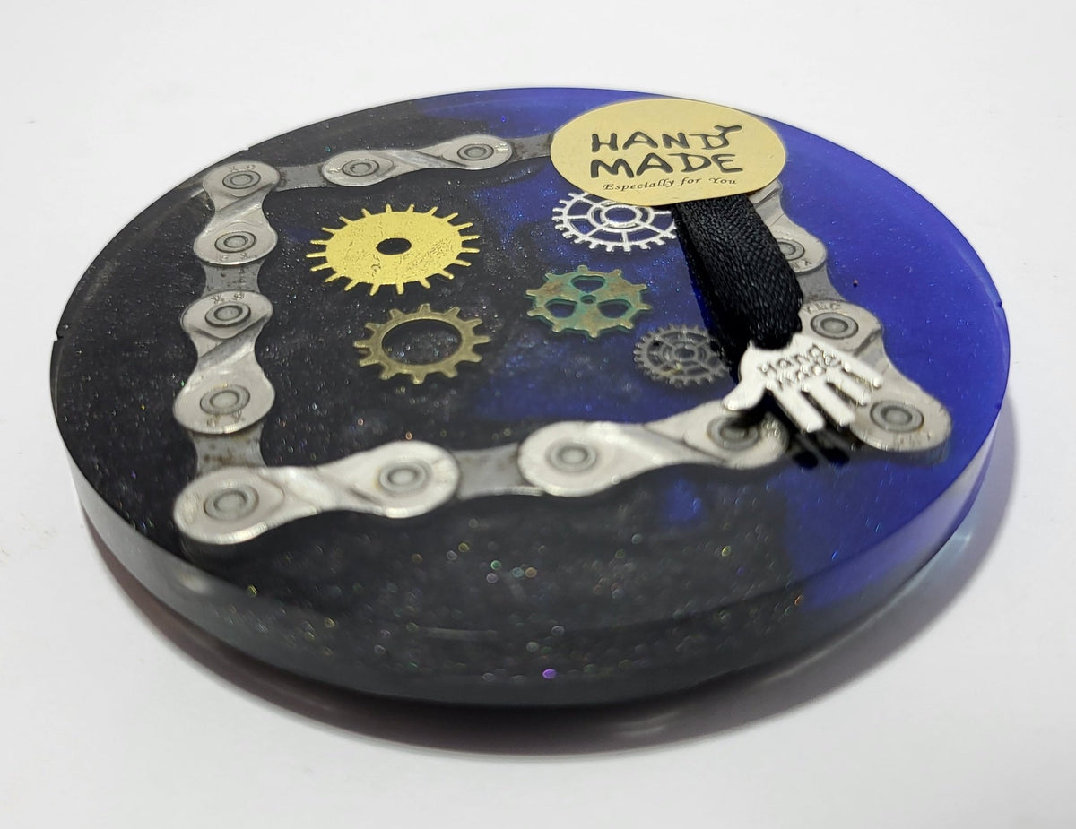 Small Round Coaster with Recycled Bike Chain Black Blue Cycle Gift - The Odd Little Shop