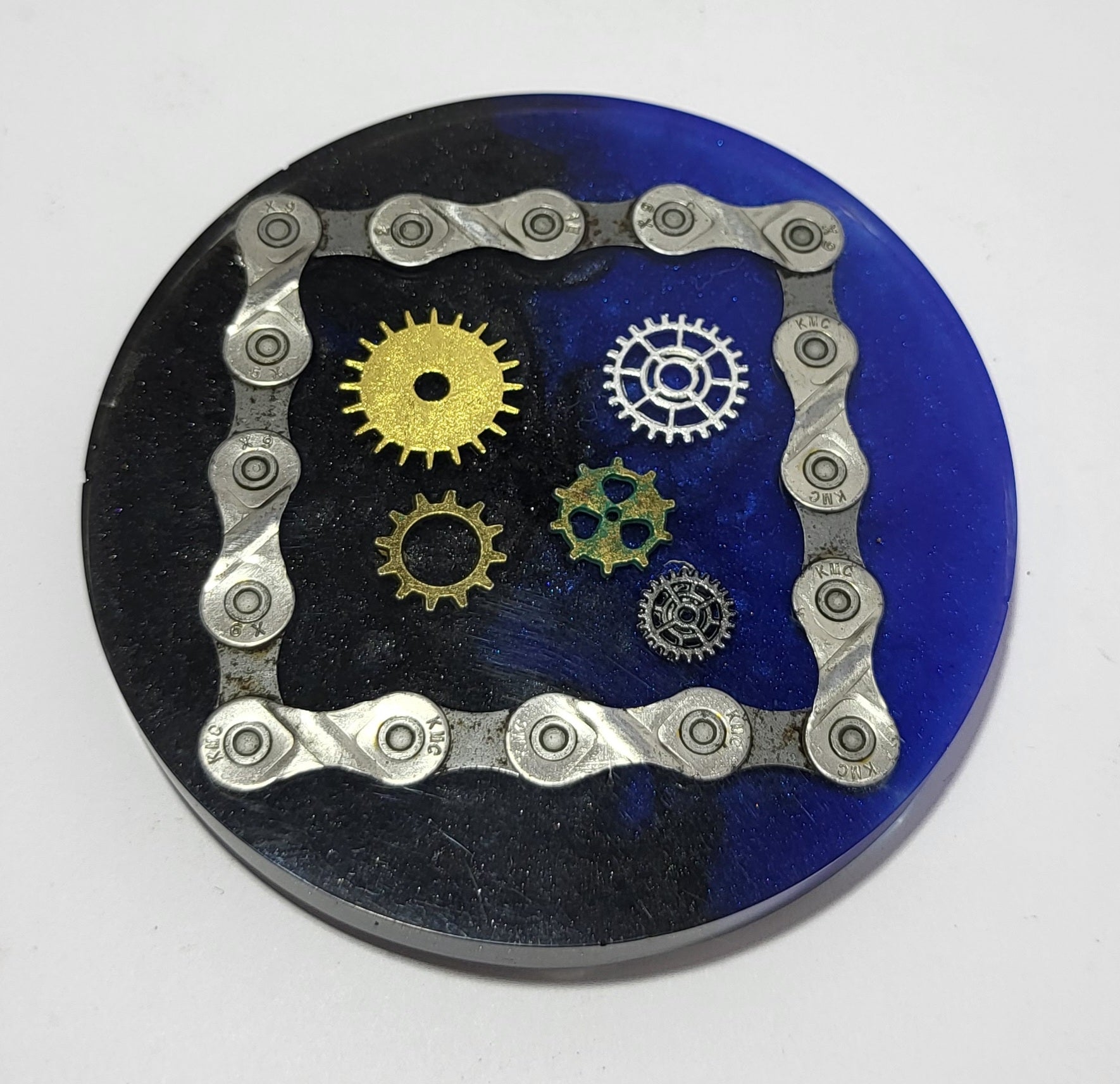 Small Round Coaster with Recycled Bike Chain Black Blue Cycle Gift - The Odd Little Shop