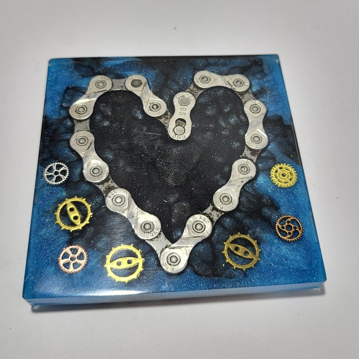 Small Square Coaster with Heart Recycled Bike Chain Black Blue Cyclist Gift - The Odd Little Shop