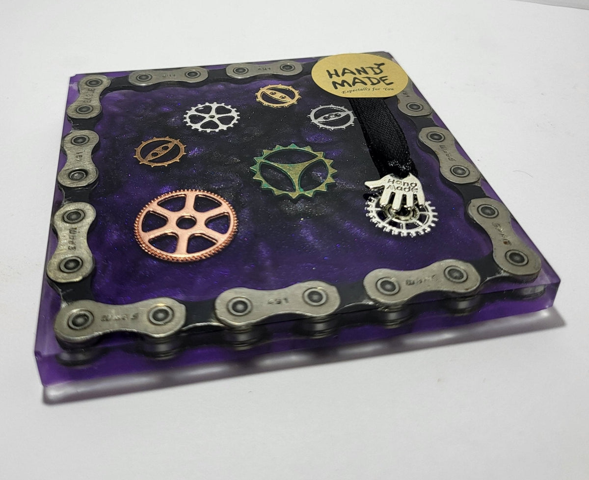 Small Square Coaster with Recycled Bike Chain Black Purple Cyclist Gift - The Odd Little Shop