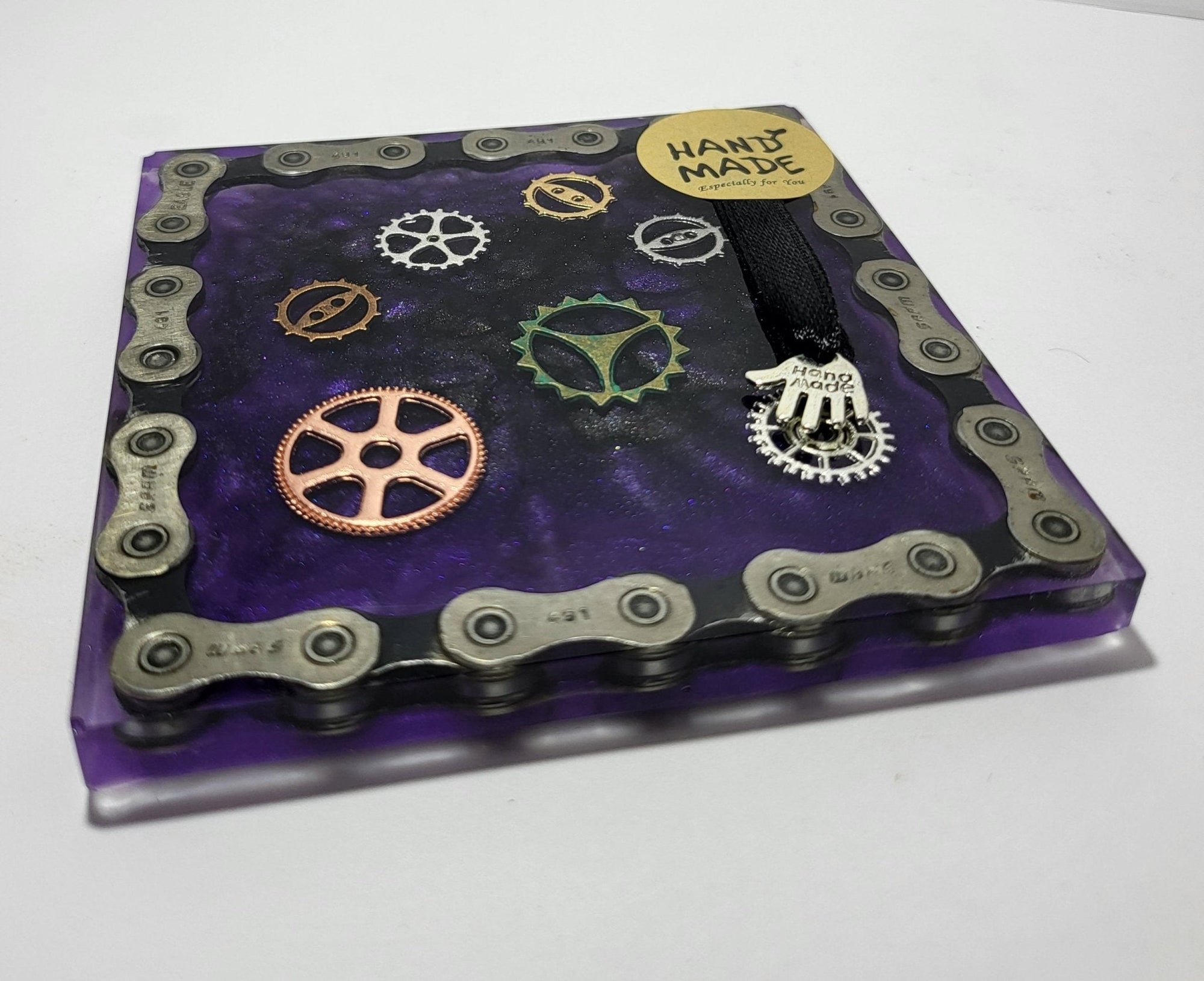 Small Square Coaster with Recycled Bike Chain Black Purple Cyclist Gift - The Odd Little Shop