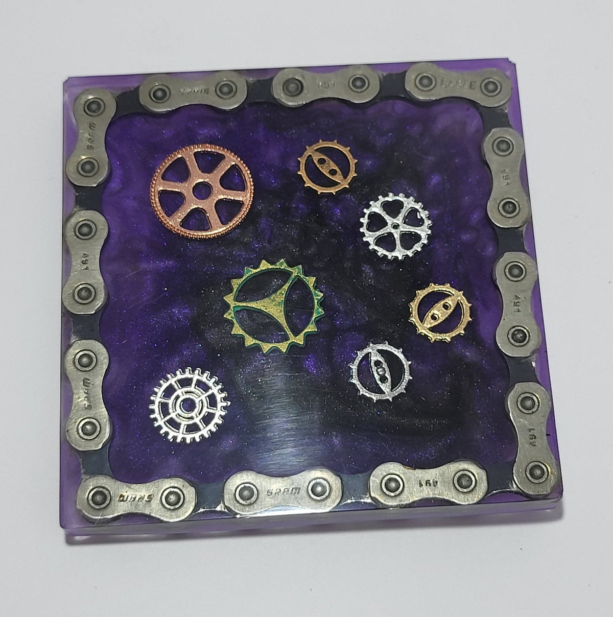 Small Square Coaster with Recycled Bike Chain Black Purple Cyclist Gift - The Odd Little Shop