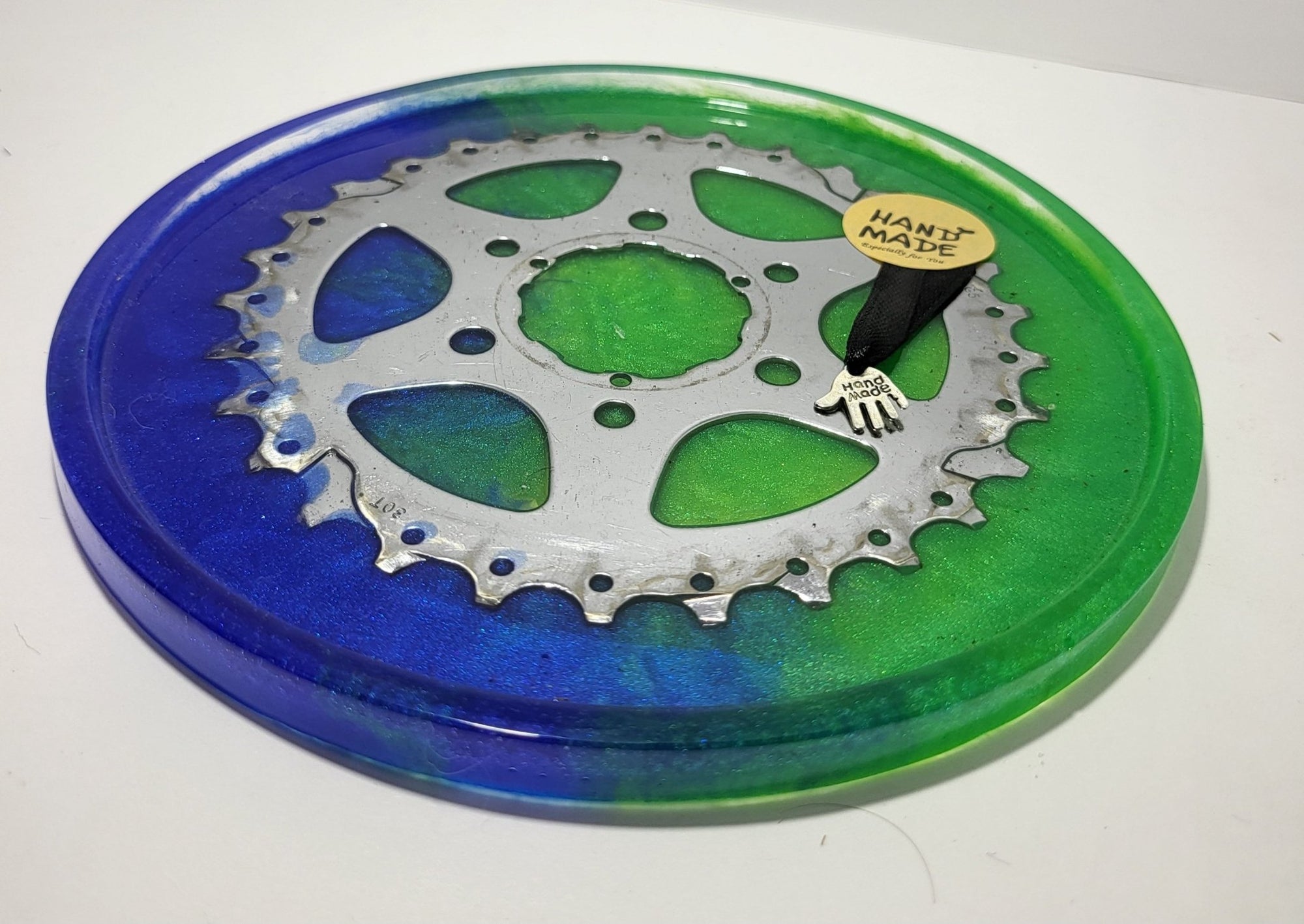 Tray with Rim Recycled Cassette Chainring Silver Green Blue Cyclist Gift - The Odd Little Shop