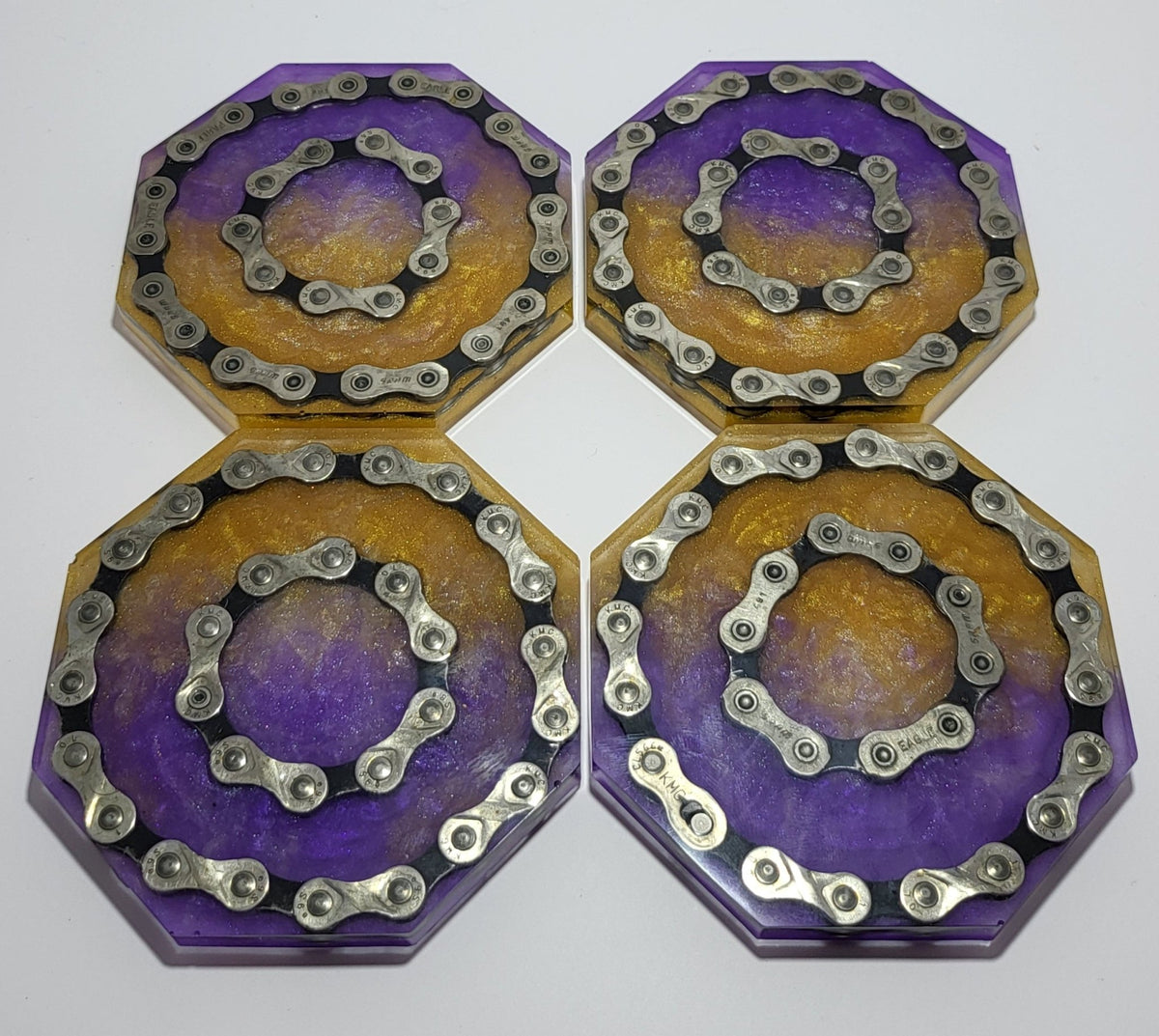 Unique 4 Coaster Set Recycled Bike Chain Purple Gold Cyclist Gift - The Odd Little Shop